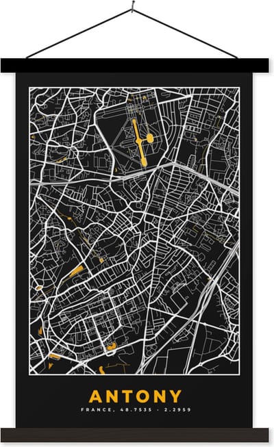 Posterhanger incl. Poster 40x60 cm - Schoolplaat - Frankrijk – Antony - Plattegrond – Stadskaart – Kaart - Textielposter - Zwarte latten - Stadskaart