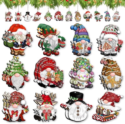 Houten Kersthangers - Dwerg Ornamenten - Kerstboom Versieren - 12 Verschillende Designs - 24 Stuks - Natuurlijk Hout