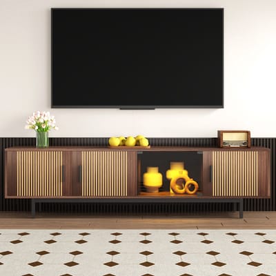 TV-kast - Lage basis met gebeeldhouwde textuur - Met led-stripverlichting en deuren van gehard glas
