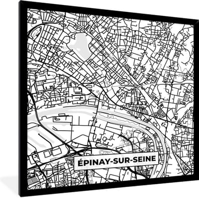 Fotolijst incl. Poster Zwart Wit- Frankrijk - Plattegrond - Épinay-sur-Seine - Stadskaart - Kaart - Zwart wit - 40x40 cm - Posterlijst
