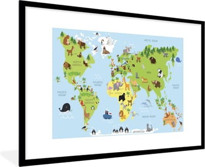 Poster in fotolijst kinderen - Kinderkamer decoratie - Wereldkaart - Kinderen - Dieren - Blauw - Groen - Poster wereldkaart - 90x60 cm - Wanddecoratie kinderkamers