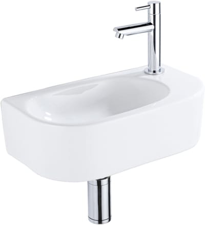 QeramiQ Fuente Fonteinset - 40x21.5x12cm - rechts - glad - halfrond - 1 kraangat - keramiek - fonteinkraan chroom - afvoerplug - verlaagd sifon - Wit Glans