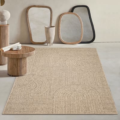 Mia’s Teppiche Soil - Robuust In- en Outdoor vloerkleed, natuurlijk jute-look met cirkelmotief, weerbestendig, geschikt voor terras en tuin, 60 x 90 cm