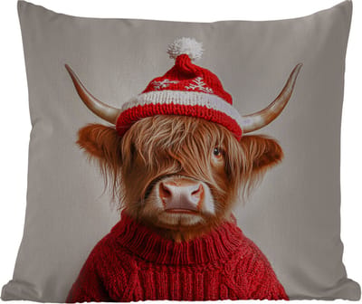 Tuinkussen - Schotse Hooglander - Kerst - Muts - Trui - Winter - 40x40 cm - Weerbestendig