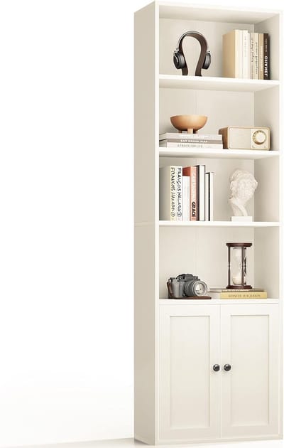 HOMESY 6-laags boekenkast met deuren en kastje, Vloerstaand boekenrek voor presentatie en opslag, Boekenkasten voor huis, kantoor, woonkamer, slaapkamer, Wit, 48 x 24 x 176