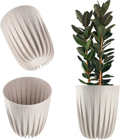KADAX Bloempot van kunststof met natuurlijke materialen, moderne plantenpotten, plantenpot met geometrisch patroon, ronde bloempot met inzetstuk, natuurlijke bloempot, hoge bloempot (diameter 14,5 cm,