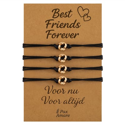 Vriendschapsarmbandjes voor 4 "Best Friends Forever" - Knoopjes - BFF Armbandjes met Persoonlijk Cadeau Kaartje - Goudkleurig - Elastisch Verstelbaar - Pax Amare