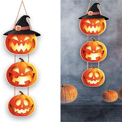 Fiestas Guirca - Houten happy Halloween deurbord pumpkin - 3 delen - x cm - Halloween - Halloween Decoratie - Halloween Versiering