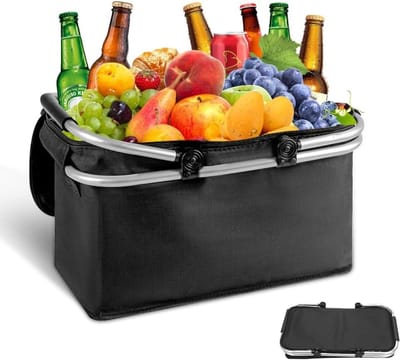 Boodschappenmand - Zwart - 46 x 28 x 24 cm - Opvouwbare Koelmand met Deksel - Voor Winkelen en Picknicken