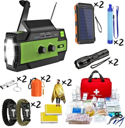 DreamGoods XL Noodpakket voor Thuis - 2 Personen - Compleet Overlevingspakket bij Oorlog, Rampen & Stroomuitval - Noodradio Solar Opwindbaar en Batterij - 72 uur Survival Kit - Noodpakket Overheid Laatste Nieuws - Kamperen & Outdoor - Gezin