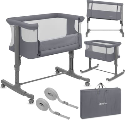 Lionelo Aurora 3in1 Co-sleeper - Babybedje tot 9 kg - Meegroeibed - 4 wielen met rem - Campingbedje – Verstelbare Hoogte – Ademend Gaas – Inclusief Matras & Transporttas – Afneembare Bekleding