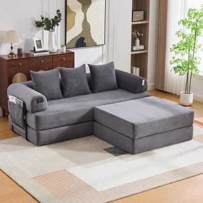 DESMIU Slaapbank 200 Cm - Modulaire Bank Met Hocker, Zijvak En 3 Kussens - Voor Woonkamer En Appartement - Corduroy Donkergrijs