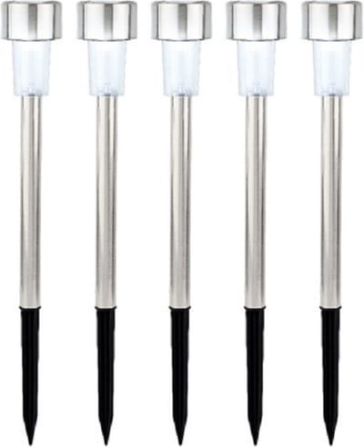 5x lumineo buiten/tuin led prikstpot - rvs - zilver - solar verlichting - 24 cm - solarlampen op zonne-energie