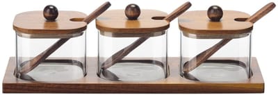 Bricard Saus & Kruidenpotjes Set - 3 Glazen Potjes met Acacia Houten Lepeltjes en Tray