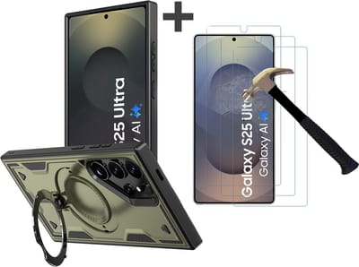 Hoesje Geschikt voor Samsung Galaxy S25 Ultra met 3 Stuks gehard glas Screenprotectors - Armor hoes met Ringhouder - Arara backcover - Olijfgroen
