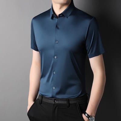 Zomer IJs Zijde Strijkvrij Korte Mouw Overhemd Heren Naadloos Ademend Sneldrogend Overhemd Heren Elastisch Half Mouw Zakelijke Herenkleding XL blue
