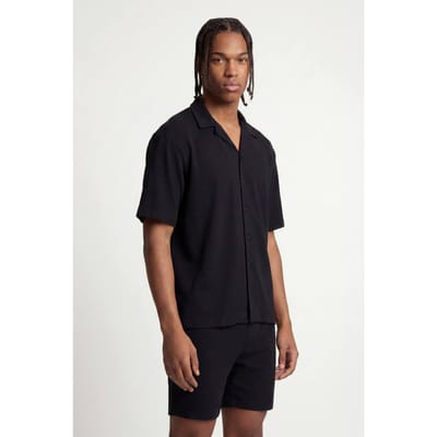 Korte Mouw Geribbeld Reverskraag Oversized Shirt | Black | Size XS