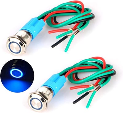 Drukknop Schakelaar - Momentary Switch - Elektrische Installaties - Waterdicht Roestvrijstaal - 12mm Gat - Blauw LED