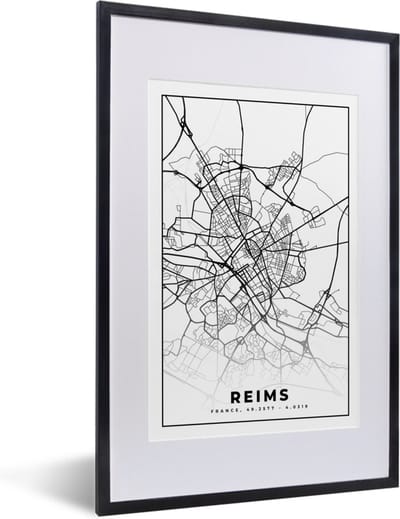 Fotolijst incl. Poster Zwart Wit- Kaart - Plattegrond - Reims - Frankrijk - Stadskaart - Zwart wit - 40x60 cm - Posterlijst
