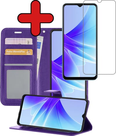 Hoesje - Met Screenprotector - Geschikt voor OPPO A57 - Luxe Pasjeshouder - Flipcase - Bookcase Portemonee - Flip Case - Kunstleer Book Case - Book Cover - Walletcase - Portemonneehoes - Telefoonhoes - Paars