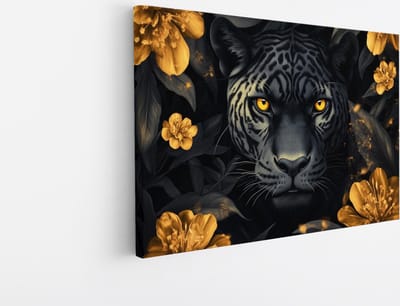 Saammp Canvas Schilderij - Zwarte Panter met goude bloemen- Natuur - Dieren - 45x30 - Foto op canvas - Wanddecoratie - Muurdecoratie Woonkamer - Slaapkamer decoratie - Canvas Print