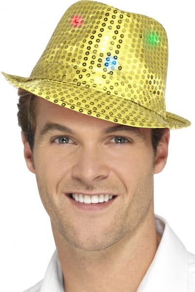 Smiffys Pailletten feesthoedje - goud - met LED lichtjes - Carnaval - verkleed hoeden - voor volwassenen