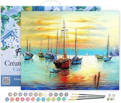 Figured'Art Schilderen op Nummer Volwassenen met lijst - Zeilboten in de haven - Handwerk acrylverf Kit DIY Compleet - 40x50cm Canvas al ingelijst