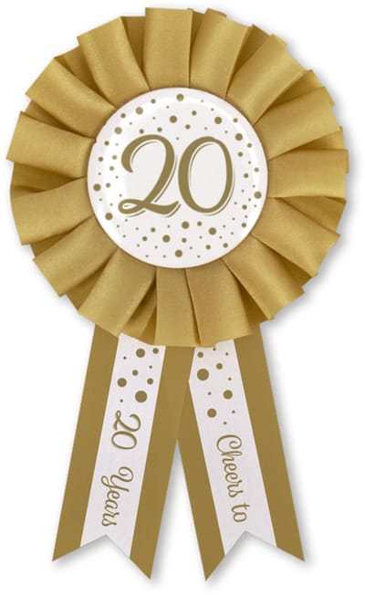 Q2P - 20 Jaar Rozet - Verjaardag Versiering - Wit & Goud - Feest - Buttons - Rosette
