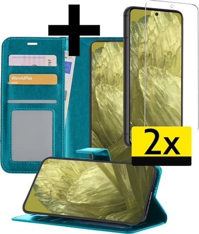Hoesje - Met 2x Screenprotector - Geschikt voor Google Pixel 8a - Luxe Pasjeshouder - Bookcase Portemonee - Flip Case - Kunstleer Book Case - Flipcase Hoes - Book Cover - Walletcase - Portemonneehoes - Telefoonhoesjes - Turquoise