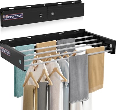 Support Way Wandgemonteerd droogrek, wasdroogrek inklapbaar, ruimtebesparend met 4 aluminium staven, 60 lbs capaciteit, uittrekbare droogrekken voor wasmuur (zwart, 17 inch)