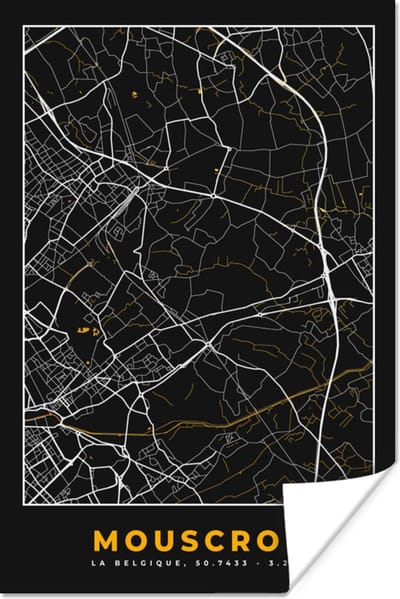 Poster Kaart - Mouscron - Stadskaart - Plattegrond - Goud - 120x180 cm XXL