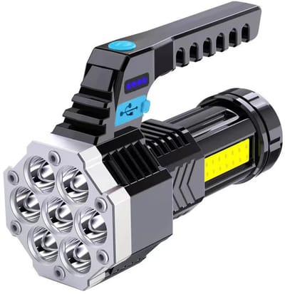 JustValue Oplaadbare LED Zaklamp - 4000 Lumen - Militaire Zaklamp - Schijnwerper 30 m² - 4 Standen - Nood Lamp Waterdicht - Zwart