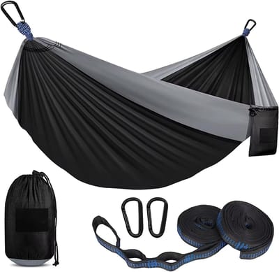 Outdoor Hangmat - Kampeer Hangmat - Ontspannen Buiten - Inclusief Bevestiging - 270x140cm - Zwart Grijs