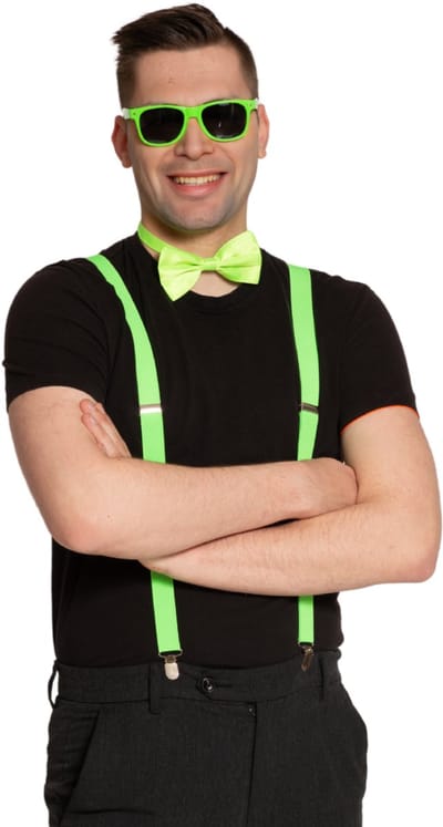 Partychimp Verkleed Set Bretels/Bril/Strik Voordeelverpakking 6 Stuks voor bij Carnavalskleding Heren Carnavalskleding Dames Carnaval Accessoires Verkleedaccessoires Volwassenen Foute Party Neon Party - Neon Groen - 6 Stuks