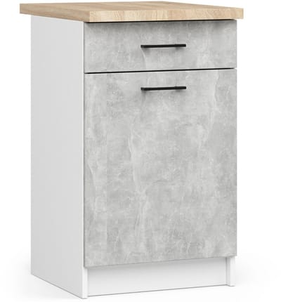 Keukenkast modulaire OLIWIA S50 met Verkblad / Onderkast met 1 Deur en 1 Lade / AKORD Furniture Factory / Wit – Beton Grijs / 50 x 85 x 46 cm