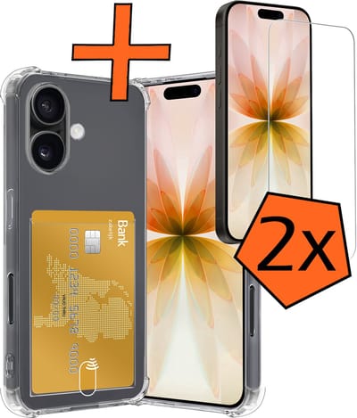 Hoes - Geschikt voor Apple iPhone 17 - Met 2x Screenprotector - Pashouder - Kaarthouder - Telefoon Hoesje Shockproof - Siliconen Case - Back Cover - Shock Proof - Pasjes Houder - Transparant
