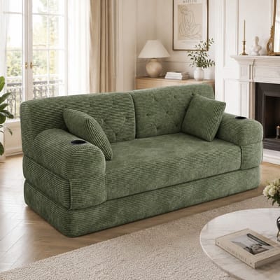 PHOEBE CAT Tweezitsbank - Slaapfunctie - Corduroy - Inclusief 2 bekerhouders - 2 kussens - Groen