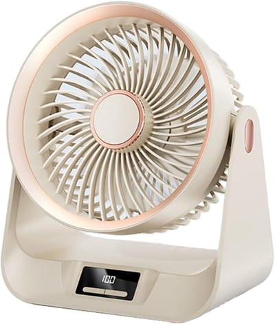 KZQ Draagbare Bureauventilator Beige Oplaadbaar Geluidsarm Met Timer Verstelbare Brede Hoek 5 Snelheden Krachtige Luchtstroom Mini Ventilator Voor Slaapkamer Kantoor En Studentenkamer Stille Persoonlijke Ventilator Voor Bureaublad En Nachtkastje