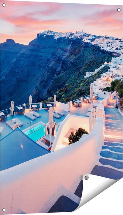 Gards Tuinposter Luxe Huisjes aan de Kust in Fira, Griekenland - 60x90 cm - Tuindoek - Tuindecoratie - Wanddecoratie buiten - Tuinschilderij