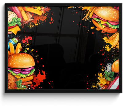 Poster in lijst - Fotolijst 70x50 cm - Posters - Fastfood - Graffiti - Hamburger - Eten - Modern - Posterlijst zwart - Decoratie - Wanddecoratie woonkamer - Muurdecoratie slaapkamer