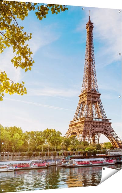 Gards Tuinposter Eiffeltoren in Parijs aan het Water - 120x160 cm - Tuindoek - Tuindecoratie - Wanddecoratie buiten - Tuinschilderij