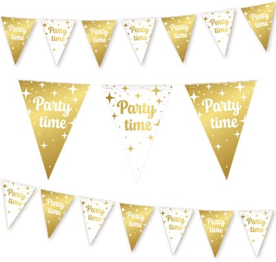 Q2P - Party Time Slinger - Verjaardag Versiering - Vlaggenlijn - Slingers - Feest Decoratie - Wit & Goud - 10m