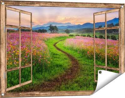 Gards Tuinposter Doorkijk Kosmos Bloemenveld met een Pad - Bloemen - 90x60 cm - Tuindoek - Tuindecoratie - Wanddecoratie buiten - Tuinschilderij