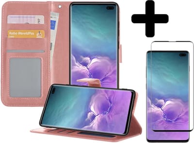 Hoesje - Met Screenprotector - Geschikt voor Samsung Galaxy S10 - Luxe Pasjeshouder - Bookcase Portemonee - Flip Case - Kunstleer Book Case - Flipcase - Book Cover - Walletcase - Portemonneehoes - Telefoonhoesjes - Rosé goud