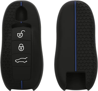 kwmobile autosleutel hoesje geschikt voor Porsche 3-knops autosleutel (alleen Keyless) hoes - Siliconen autosleutel behuizing - Auto sleutel case met honingraat - Sleuteletui in zwart / blauw