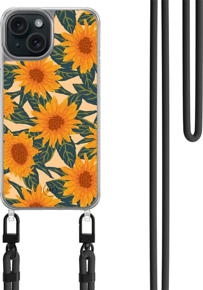 Hoesje met koord geschikt voor iPhone 15 - Zonnebloemen - Inclusief zwart koord - Crossbody beschermhoes - Transparant, Oranje - Mooie Telefoonhoesjes