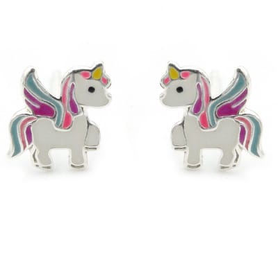 Zilveren kinder oorknopjes unicorn roze wit