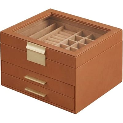 Ochama Sieradendoos met Glazen Deksel, 3-Lagen Sieraden Organizer, 2 Lades, Sieradenopslag, 20 x 23 x 13,5 cm, Bruin, Goud