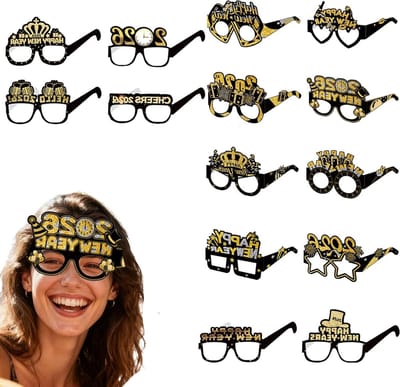 Feestbril voor Oud en Nieuw 2026 - 14 Stuks Papieren Feestbrillen in Zwart en Goud - Grappige Brillen voor Oudjaarsavond en Feestaccessoires voor het Gezin