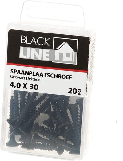 Blackline bevestigingsmaterialen - Zwarte spaanplaatschroeven met HCP-coating – Blackline - Platkop / 4.0 x 30mm / 20